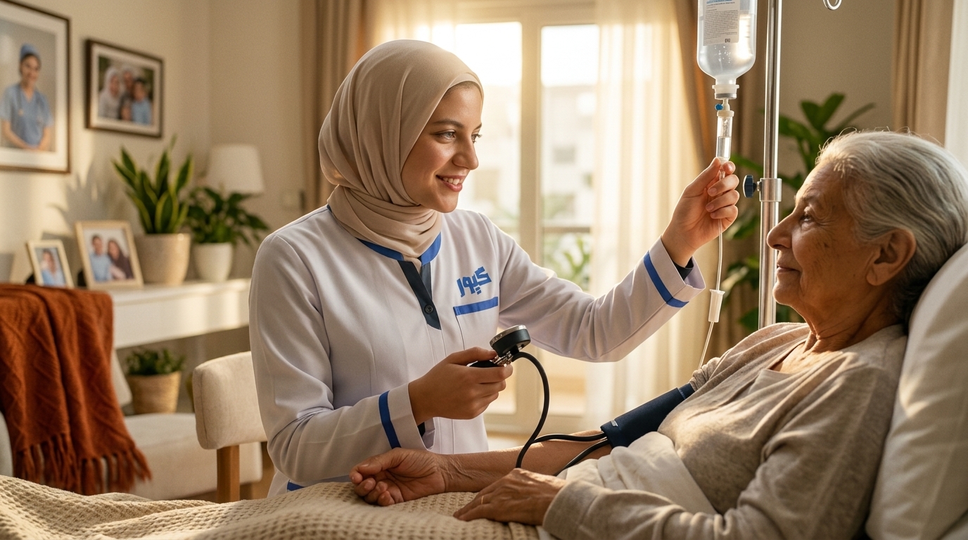 ممرضة كيور المعتمدة تقدم رعاية المحاليل وقياس الضغط لكبار السن بالمنزل